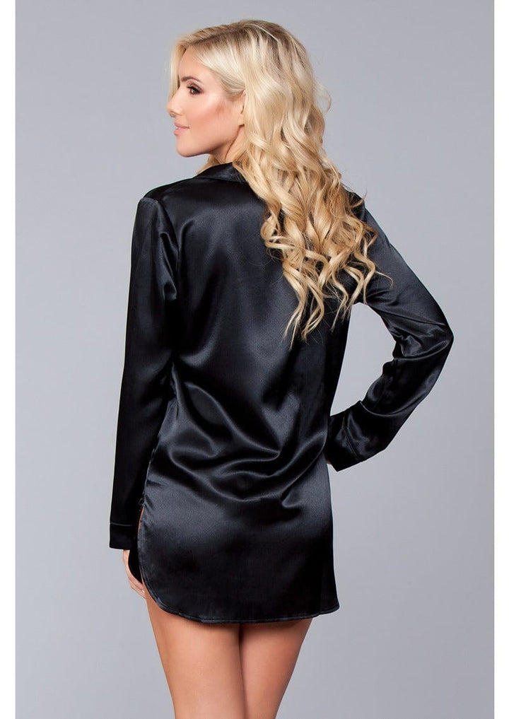 1 pc. Relaxed fit, satin body, button front with notched collar and pocket in black facing back