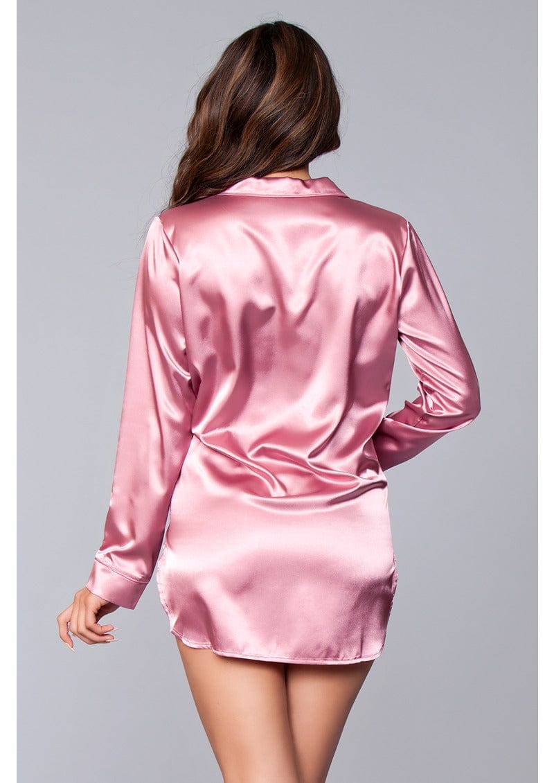 1 pc. Relaxed fit, satin body, button front with notched collar and pocket in pink facing back