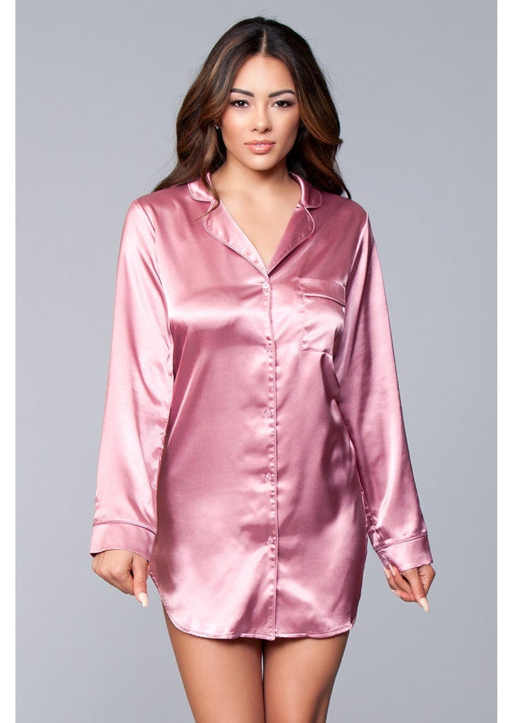 1 pc. Relaxed fit, satin body, button front with notched collar and pocket in pink facing forward