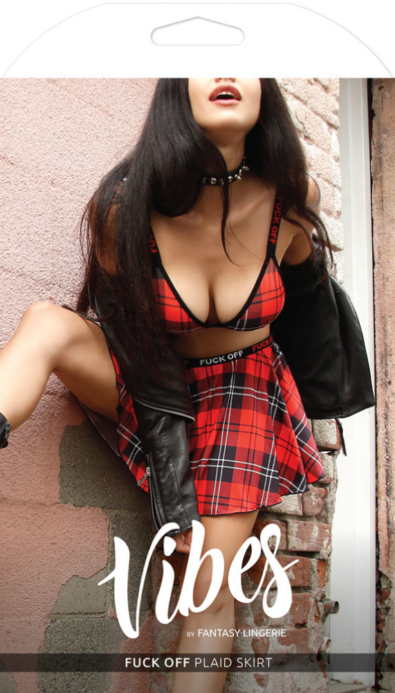 Model wearing plaid skirt and bralette with f-ck off on the elastic bands box