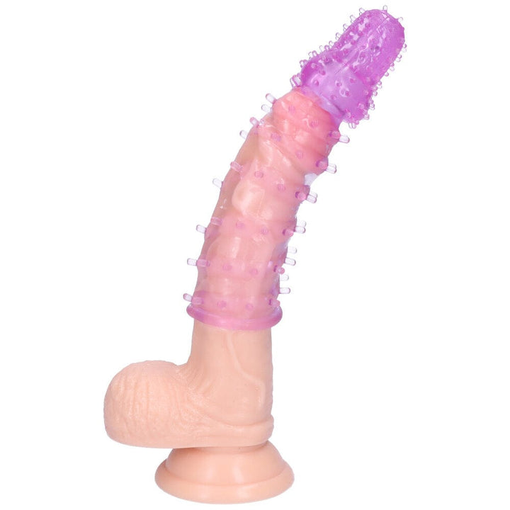 Jelly penis extender shown on a dildo. Dildo is not included.