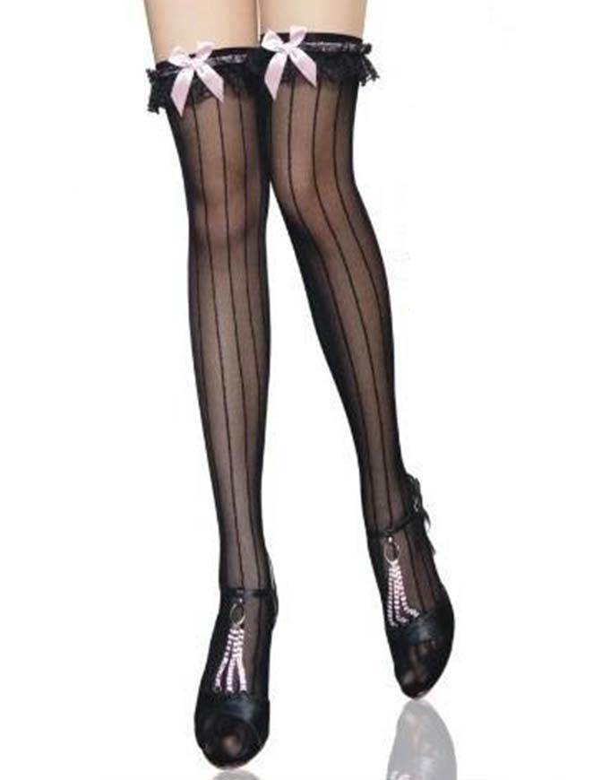Black Striped Stockings with Pink Bows - One Size Fits Most - Lingerie