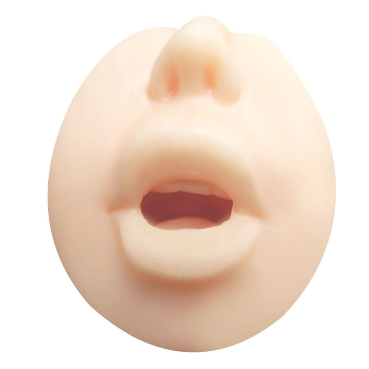 Close up of mouth shown on realistic masturbator