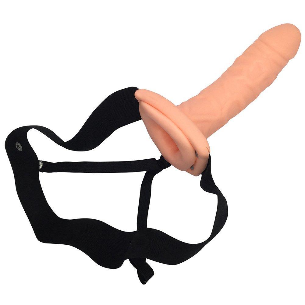 Fetish fantasy realistic hollow dildo shown with black sex harness