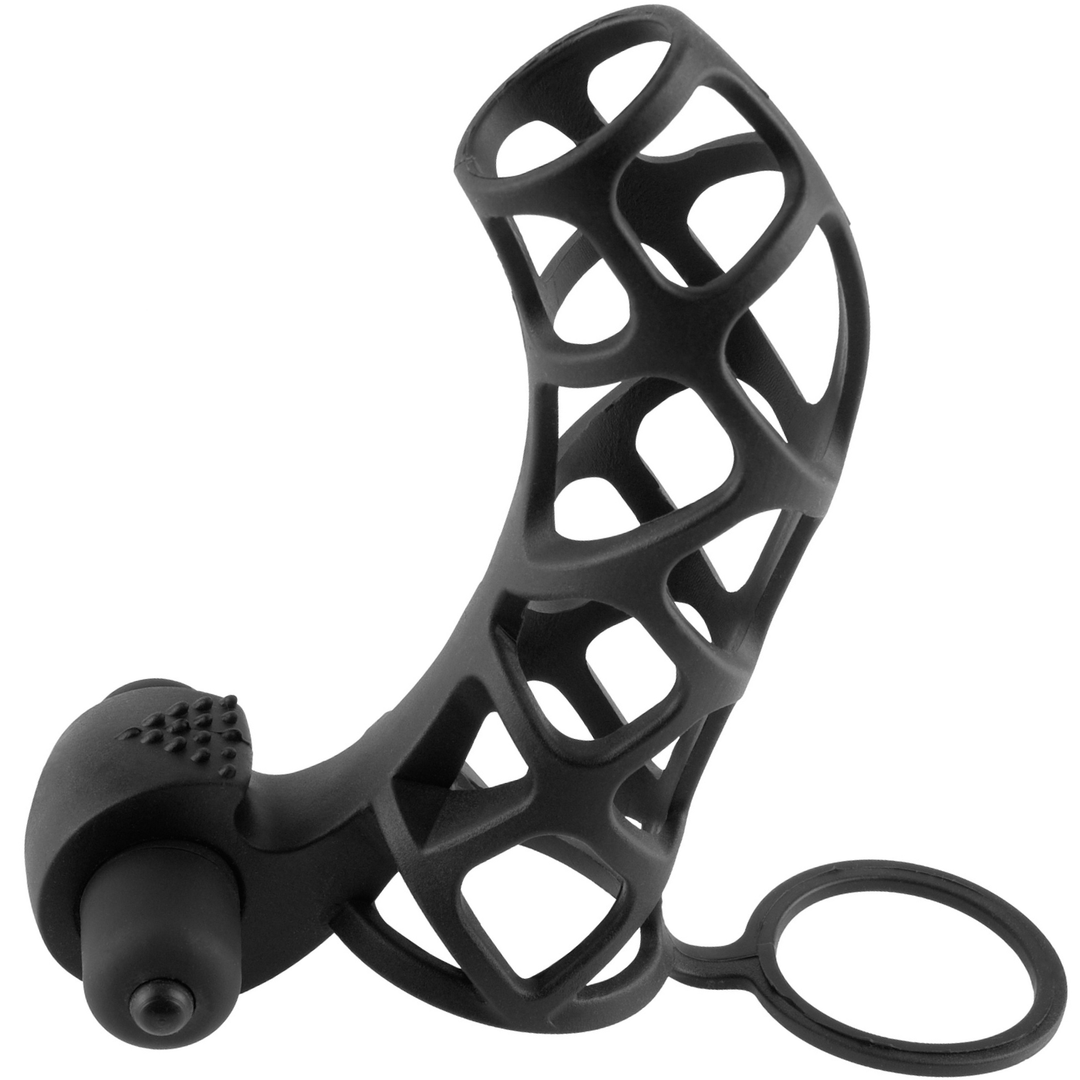 Image of Silicone Extreme Power Vibrating Cock Cage. This erection enhancer has a silicone sleeve with open cutouts, a prolonging ball strap, and vibrating clitoral stimulator.