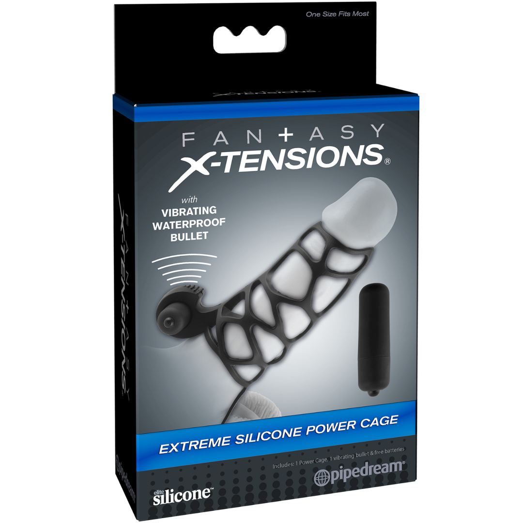 Image of the packaging for Silicone Extreme Power Vibrating Cock Cage Erection Enhancer. Fantasy Extensions Extreme Silicone Power Cage by Pipedream, comes with Vibrating Waterproof Bullet.