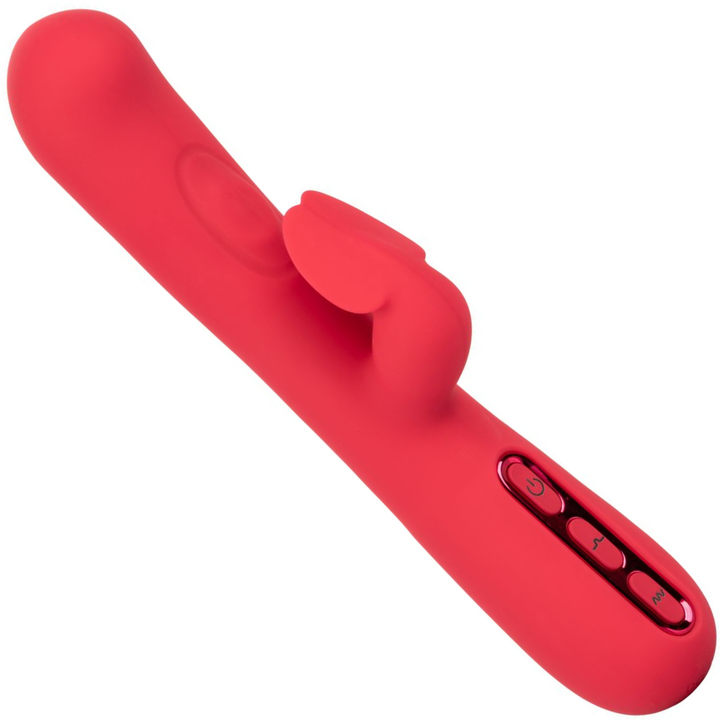Image of the vibrator from the side. This luxury sex toy offers intense G-spot stimulation as well as vibrations to your clit for intense, blended orgasms! It is also rechargeable and made out of super soft silicone.