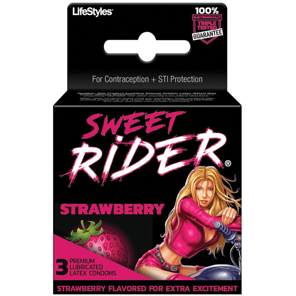 Image displays Sweet Rider Lubricated Latex Condoms in manufacturers packaging.