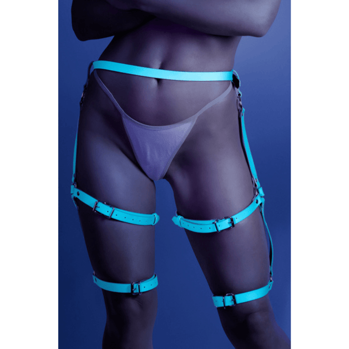Image of the model wearing the buckle up leg harness.