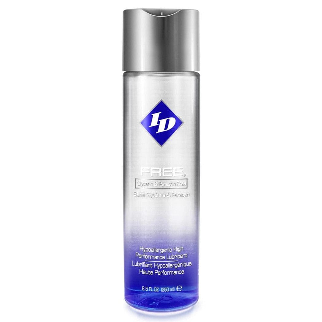Image of the ID Free Water Based Lubricant. Text reads ID Free, Glycerin and paraben free, hypoallergenic high performance lubricant, 8.5 fl. oz. (250 mL)