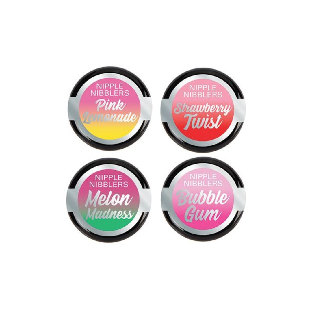 Photo of nipple nibblers in all available flavors. Pick between pink lemonade, strawberry twist, melon madness, and bubble gum! Use this tingling balms during sex or foreplay to spice things up!