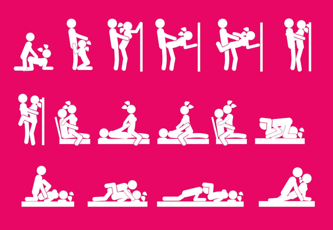 Hot pink image containing drawings of 14 different sex positions