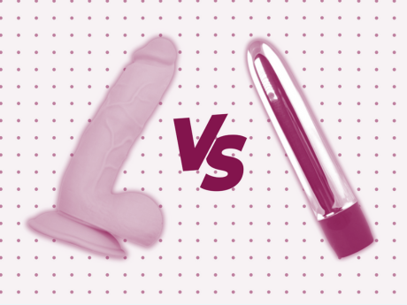 dildo vs vibrator with polka dot background