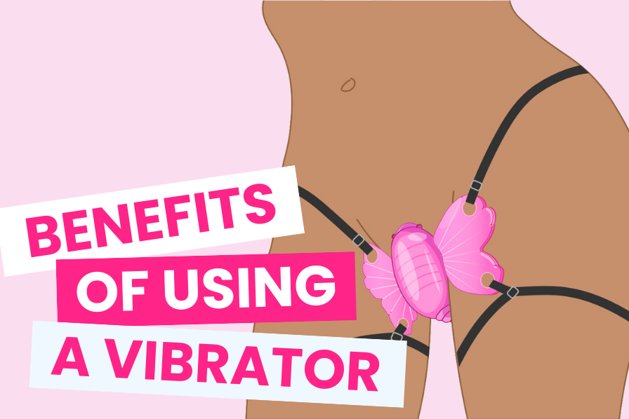Illustration of person wearing a hands-free butterfly vibrator. Benefits of using a vibrator.