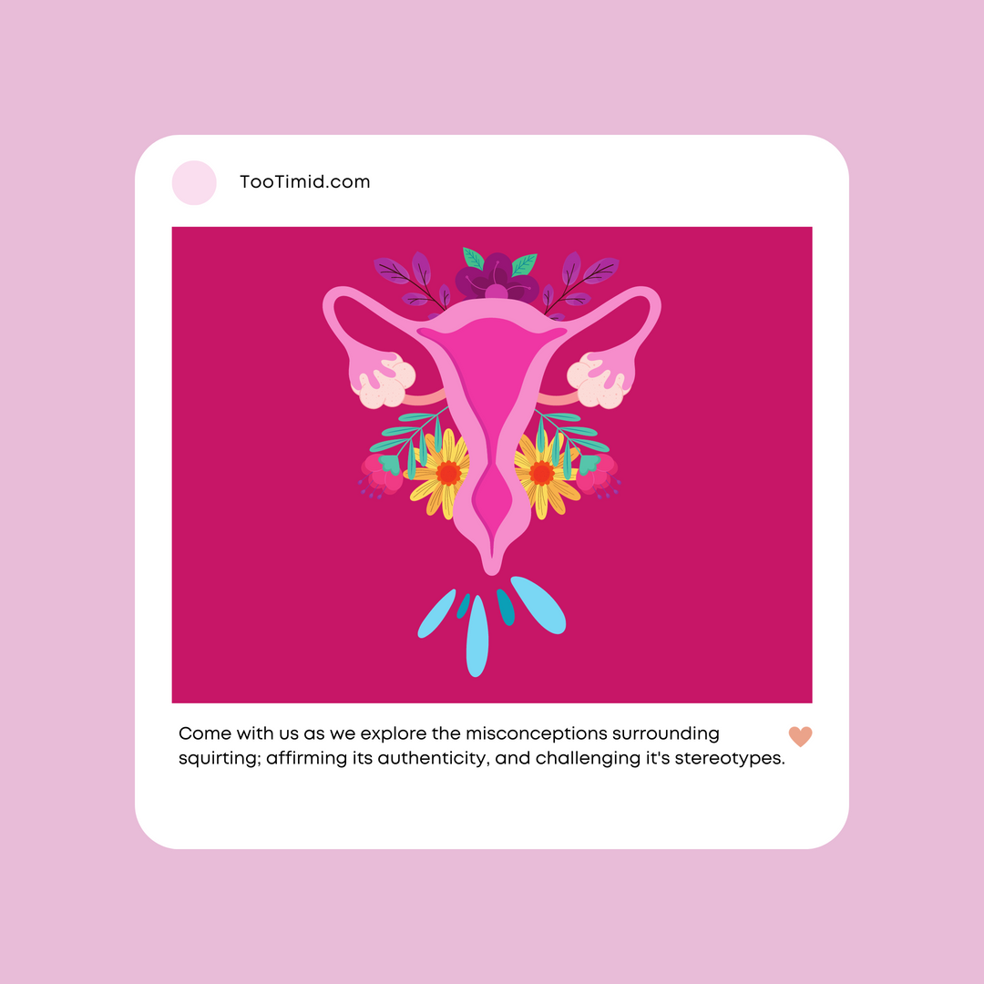 Image of cartoon female reproductive organs with text that reads: Come with us as we explore the misconceptions surrounding squirting; affirming its authenticity, and challenging it's stereotypes.