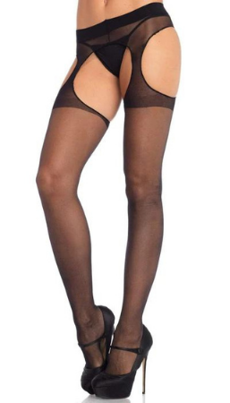 Image of a person wearing crotchless suspender style stockings. Shop open crotch stockings and crotchless pantyhose.