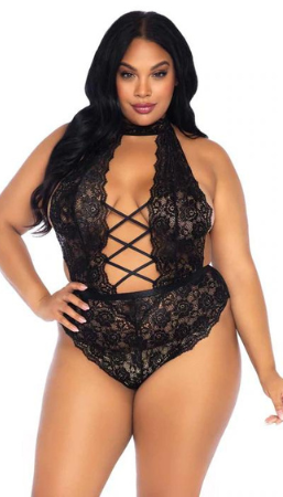 Image of a person wearing a lace crotchless teddy. Shop our collection of crotchless teddies, sexy open crotch teddy lingerie and crotchless bodysuits