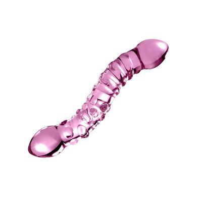 Click here to view our collection of glass dildos. Image shows a pink glass dildo.