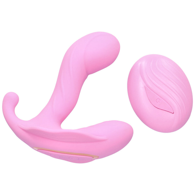 Wearable triple stimulation vibrator from slightly below with remote shown