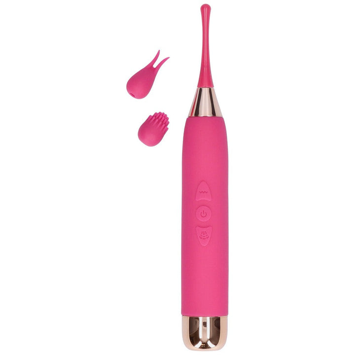Clitoral stimulator shown with both attachments on the side showing all pieces apart