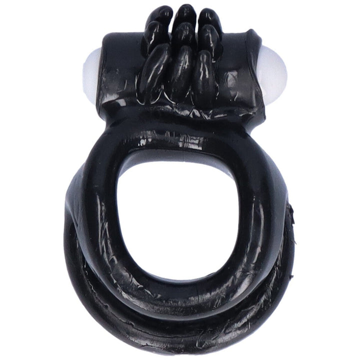 Bird's eye view of black dual cock ring with raised nubs and a vibrating bullet.