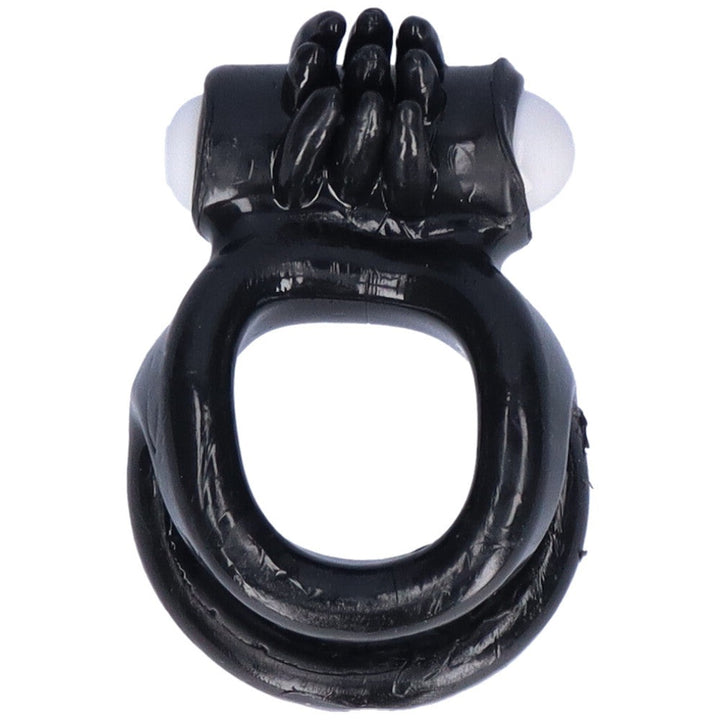 Bird's eye view of black dual cock ring with raised nubs and a vibrating bullet.