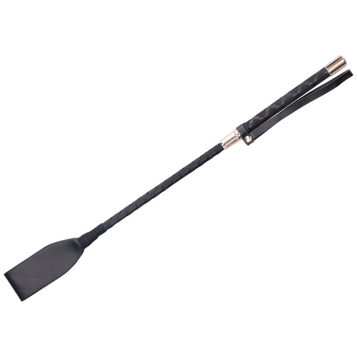 Black riding crop with handle strap.