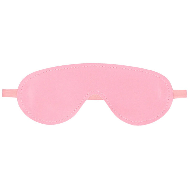 Front view of pink faux leather blindfold.