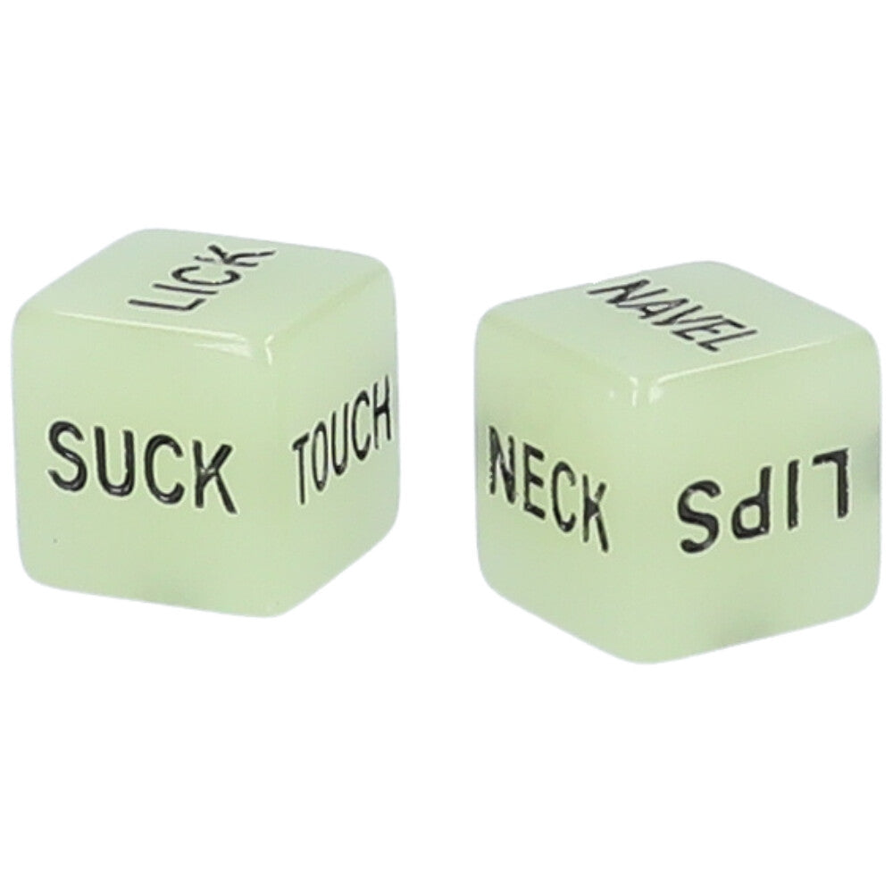 A pair of glow-in-the-dark foreplay dice with "suck", "lick" and "touch" showing on one die and lips, neck, and navel showing on the other.