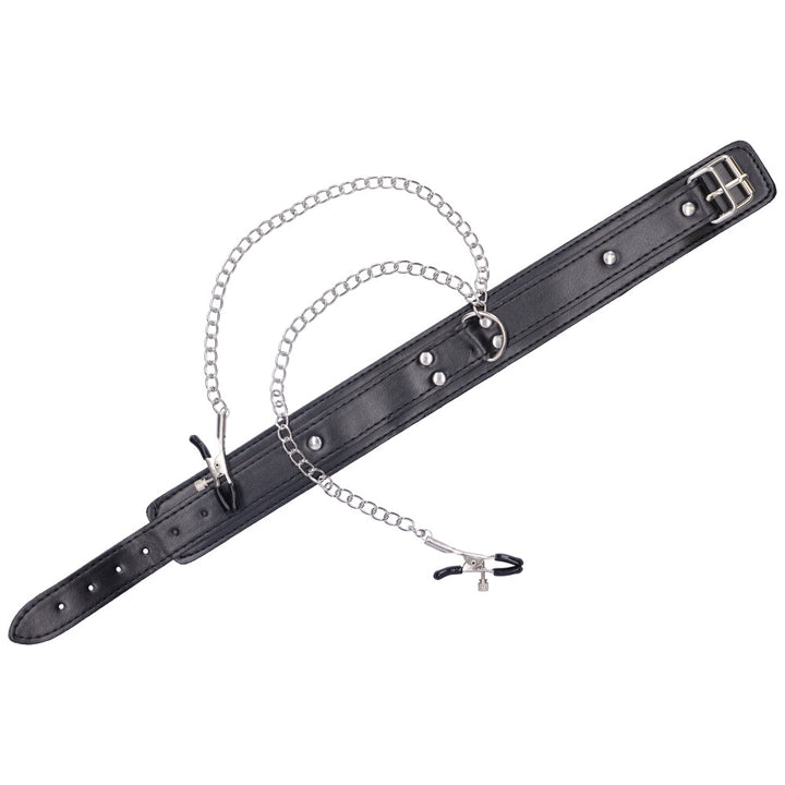 Black leather collar with an adjustable buckle and attached nipple clamps on a chain.
