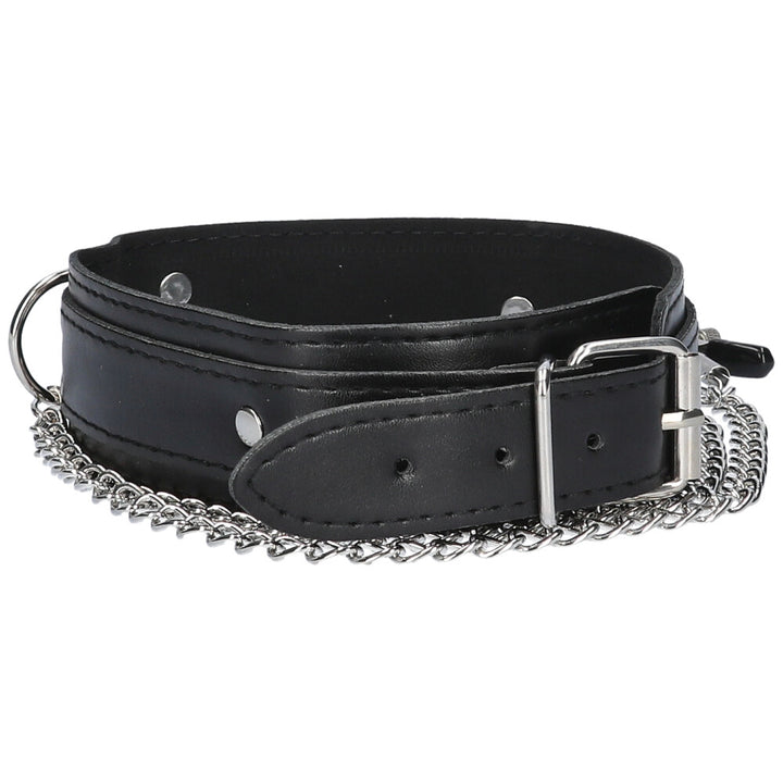 Front view of black leather collar with an adjustable buckle and attached nipple clamps on a chain.
