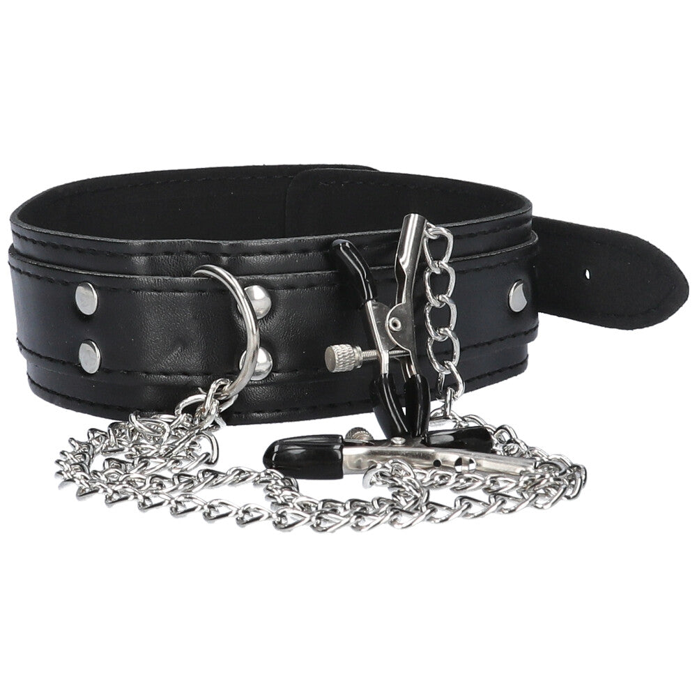 Front close-up view of black leather collar with an adjustable buckle and attached nipple clamps on a chain.