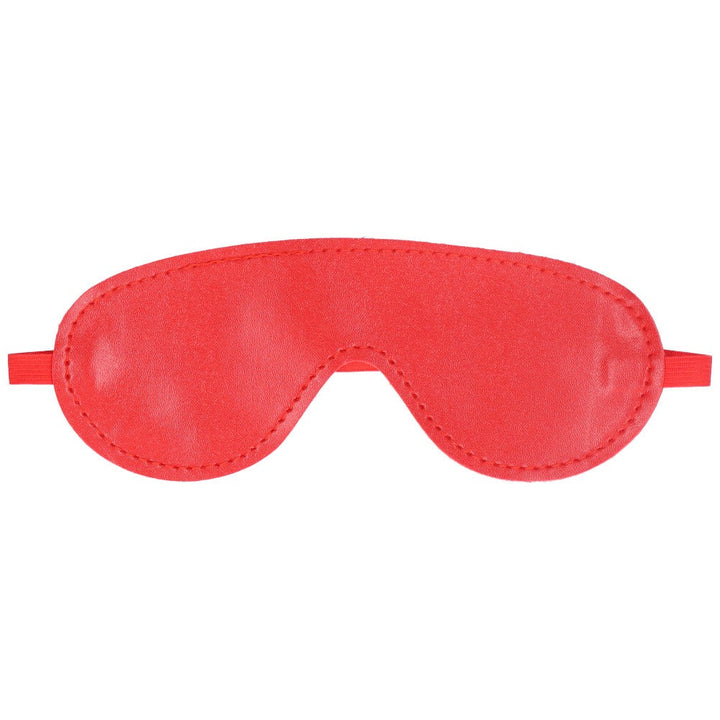 Front view of red faux leather blindfold.