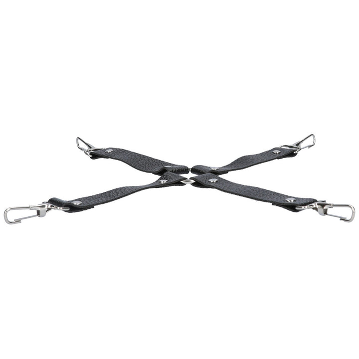 Front angled view of black leather hog tie restraint.