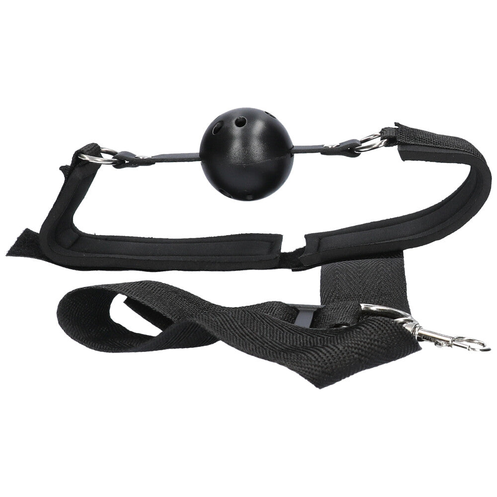 Inside view of black ball gag with restraint strap.
