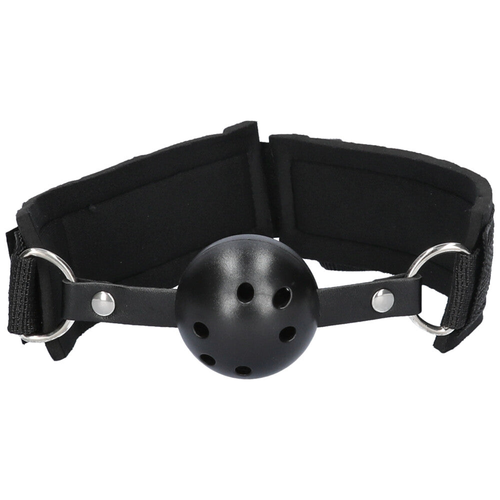 Front view of black ball gag.