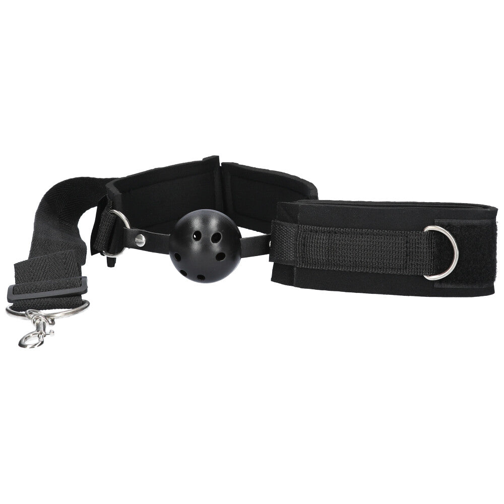 Front view of black ball gag and adjustable cuffs.