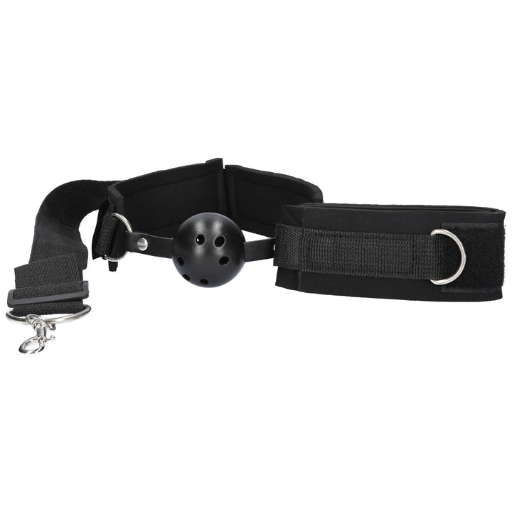 Front view of black ball gag and adjustable cuffs.