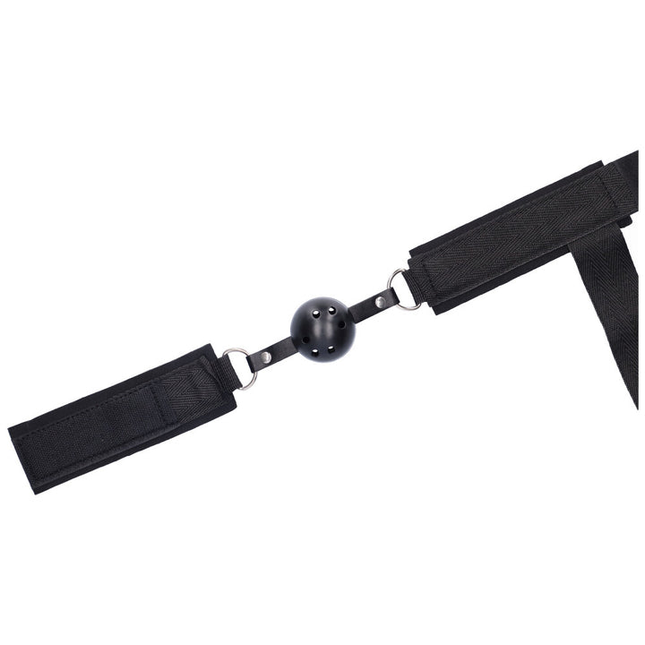 Bird's eye view of black ball gag.