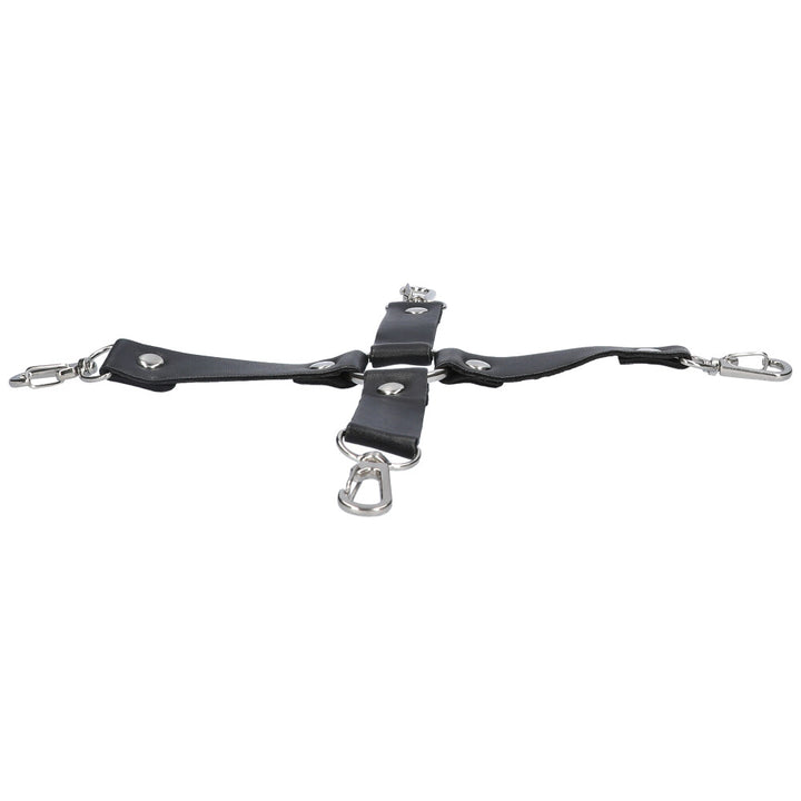 Front angled view of black hog tie restraint.