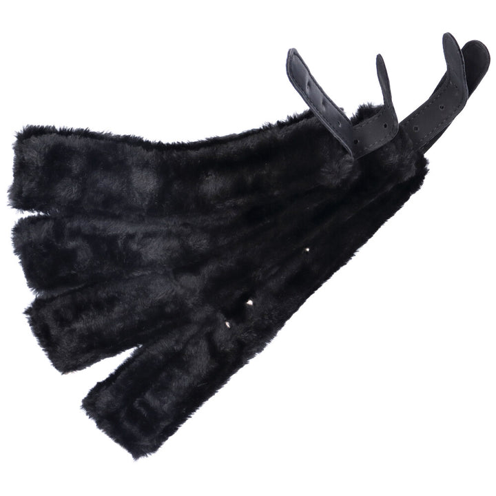 Bird's eye view of inside of 4 black adjustable cuffs with soft fur lining.