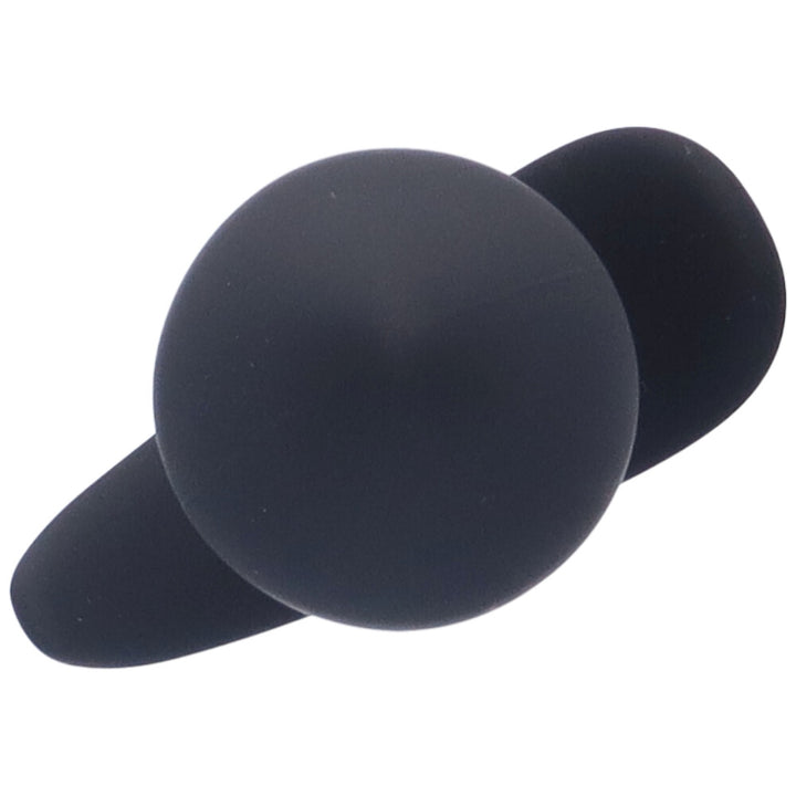 Top view of small black silicone anal plug with a tapered tip and flared base.
