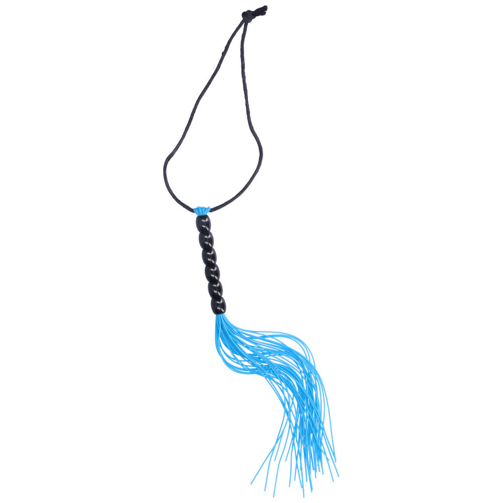 Alternate view of blue flogger with black beaded handle.