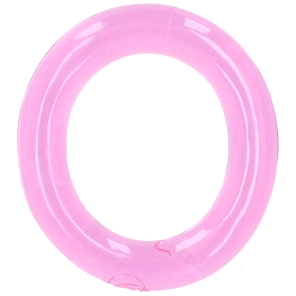 Bird's eye view of large pink stretchy cock-ring.
