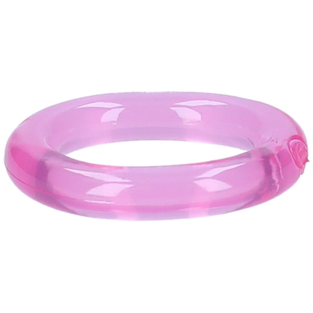Side view of large pink stretchy cock-ring.