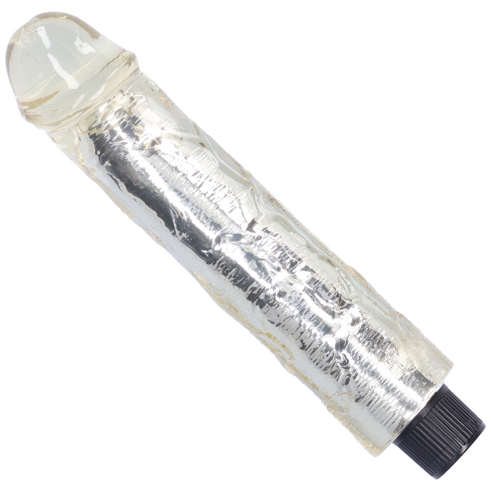 Side view of clear 8" vibrating dildo.