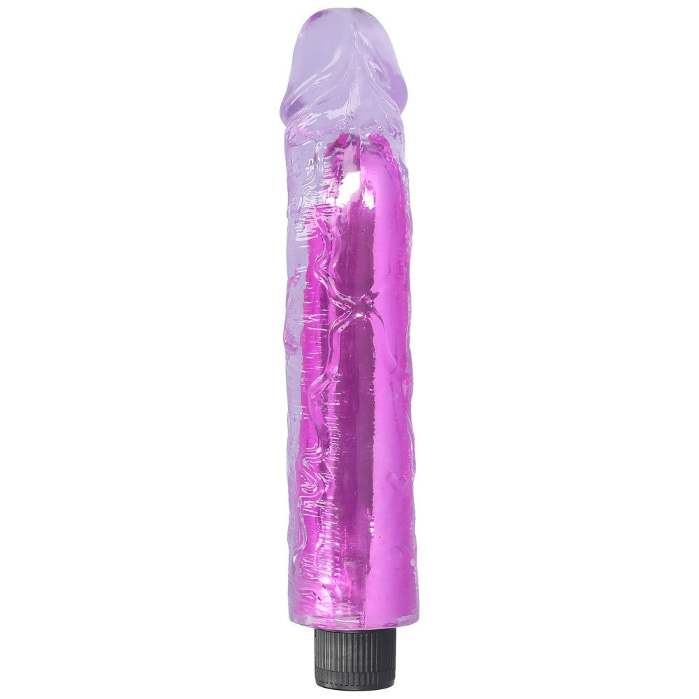 Purple 8" vibrating dildo standing up showing the bottom side of the shaft.