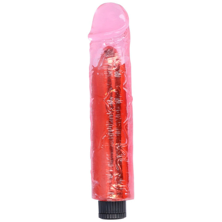 Side view of pink 8" vibrating dildo standing up.