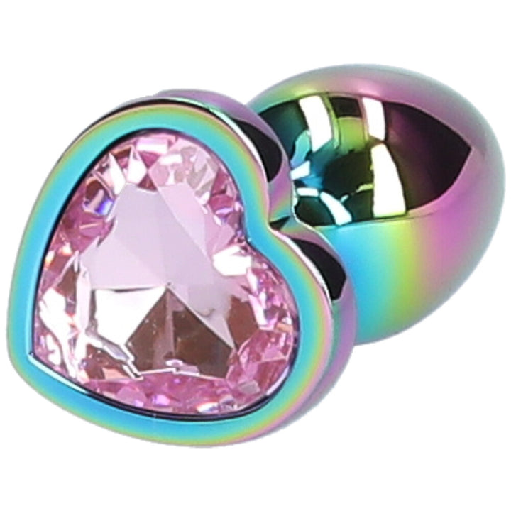 Medium pink jeweled metal rainbow butt plug.
