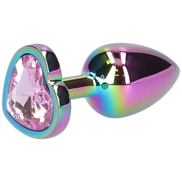 Angled side view of small pink jeweled metal rainbow butt plug.